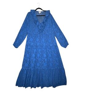 Avenue Womens Sz 20 Blue Floral Ruffle Neck Long Sleeve Tiered Maxi Dress Lined